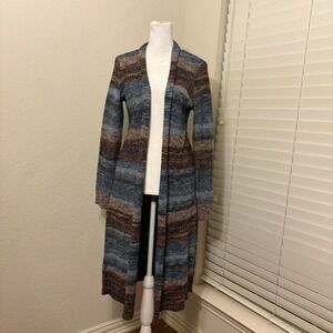 J Jill size S long duster cardigan with blue brown gradient stripes cotton blend